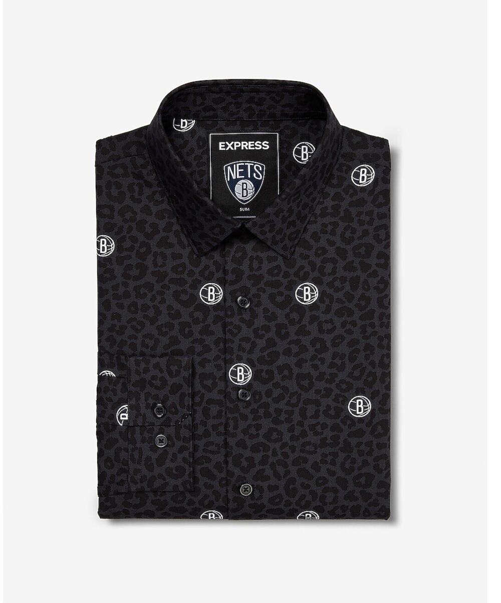 Brooklyn Nets Shirt Mens Large Button Up Black Express Leopard NBA N99